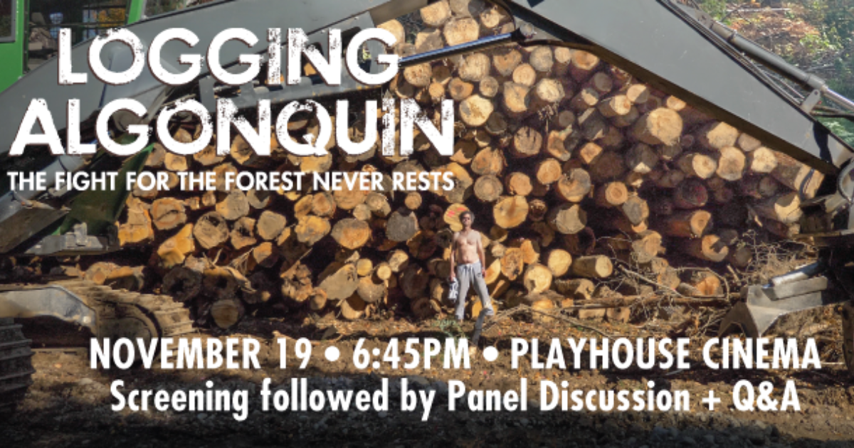 A photo of a guy standing in front of logged trees. Text over the image gives more information about the time and location of the screening. End of image description.