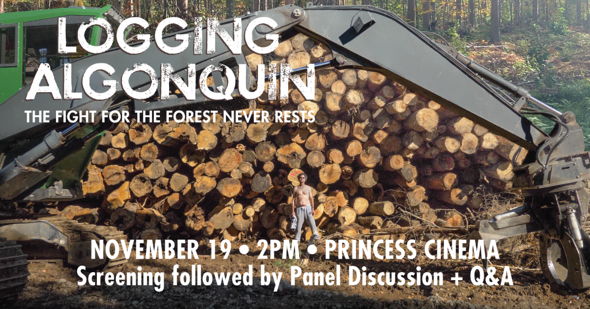 A photo of a guy standing in front of logged trees. Text over the image gives more information about the time and location of the screening. End of image description.