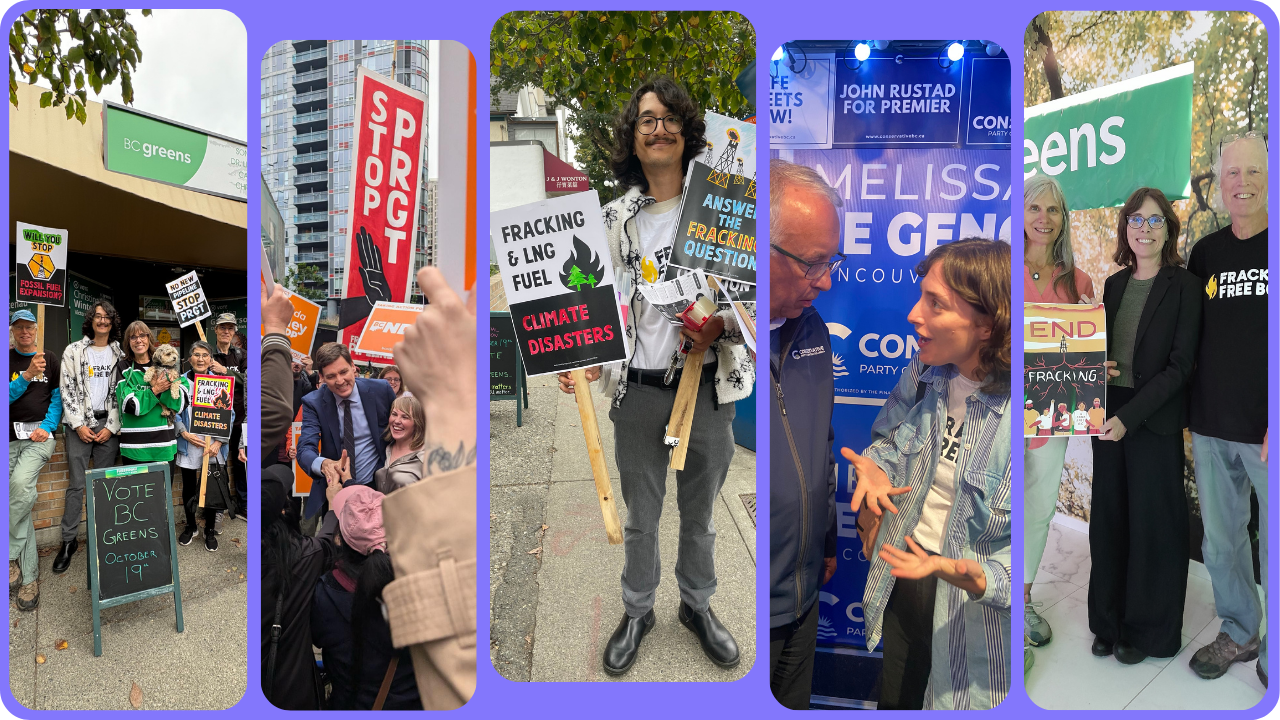 a collage of activists with banners protesting fracking. end of image description.