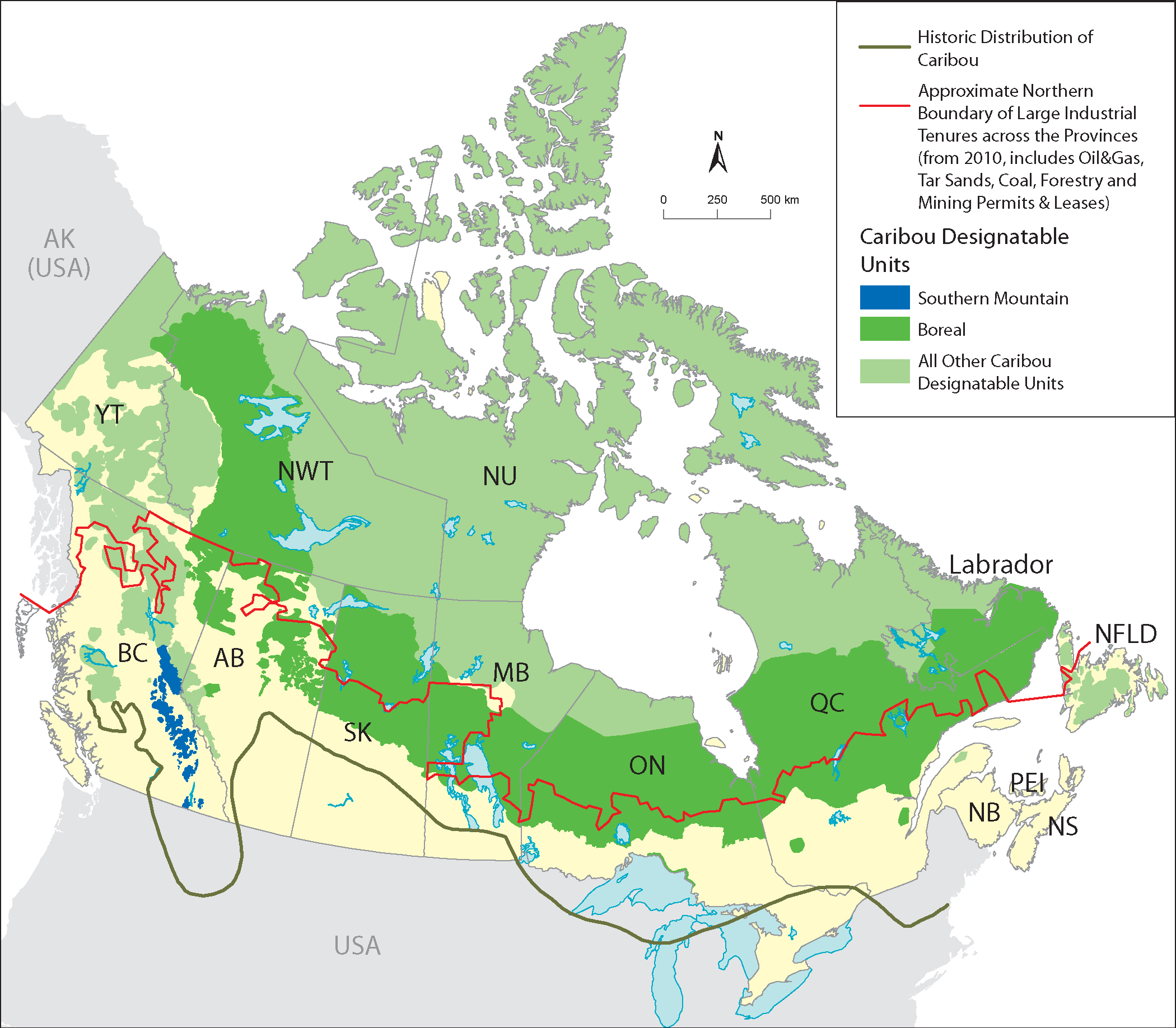 Map 1 - Caribou Ranges and Large Industrial Tenures across Canada