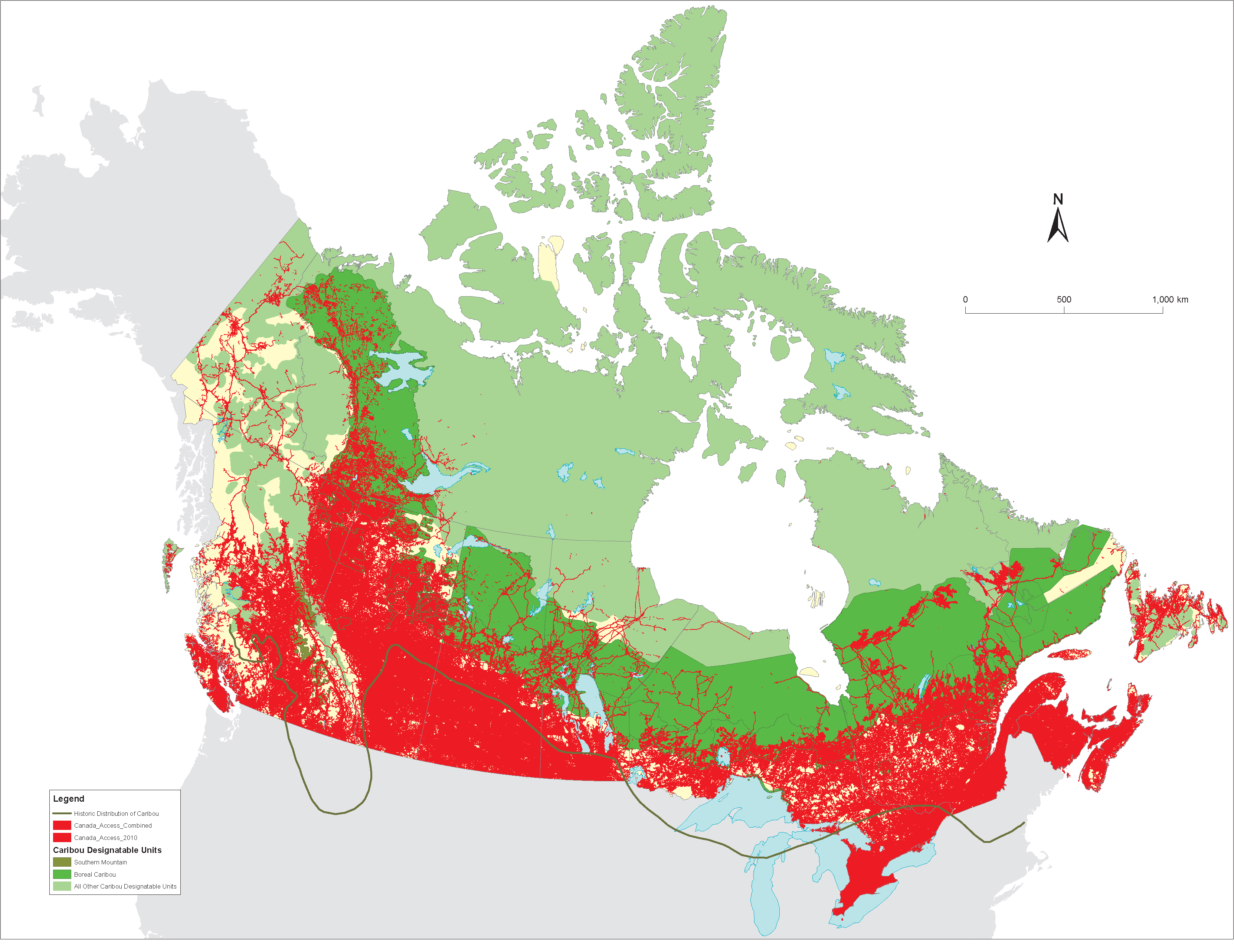 Map 2 - Caribou Ranges and Road Disturbance across Canada