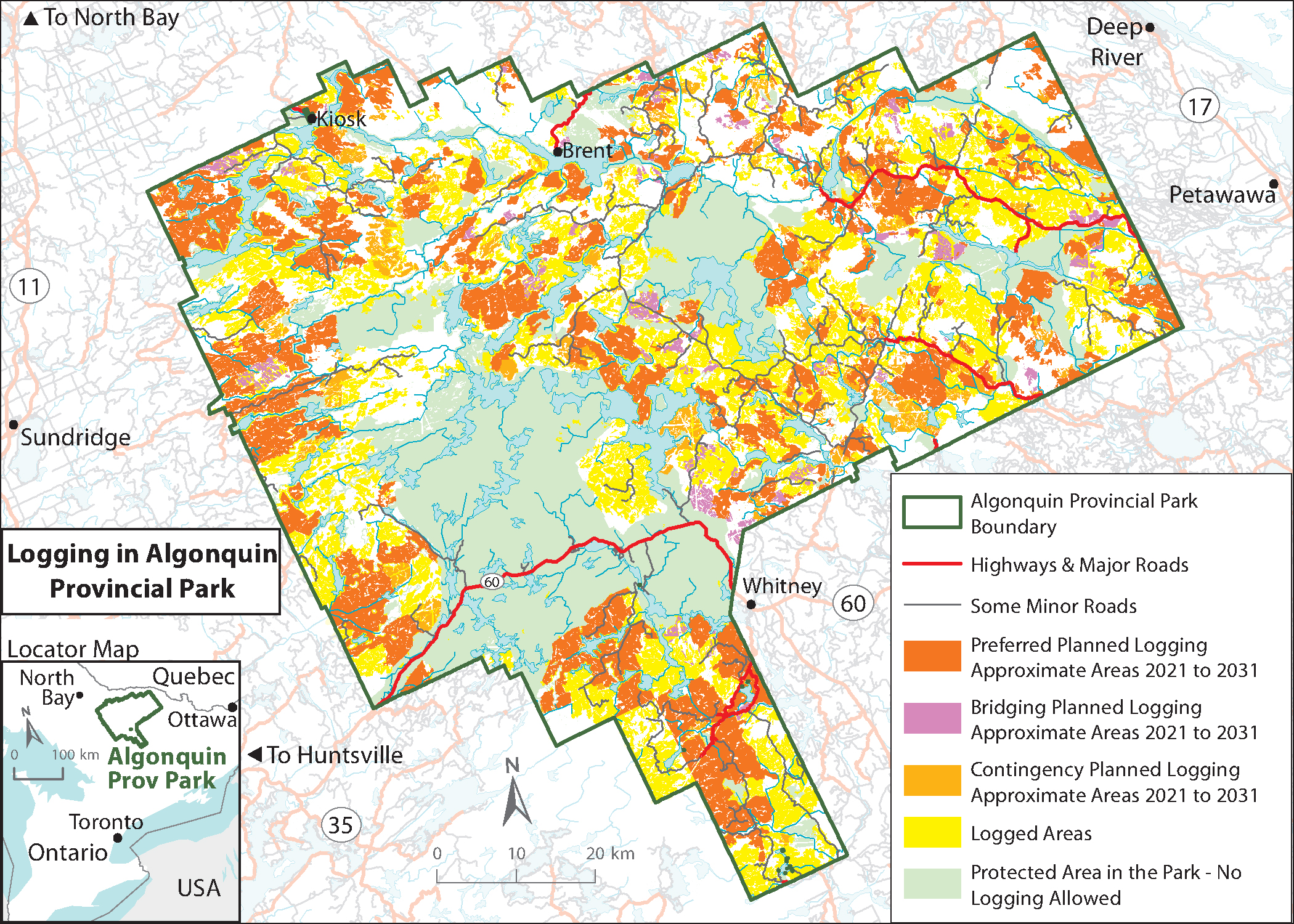 Map of Past and Future Proposed Logging in Algonquin Provincial Park