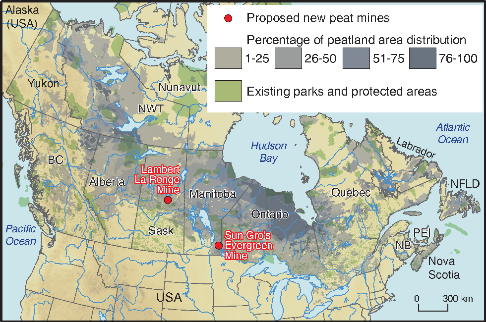 Map of Proposed new peat mines and peatland distribution in Canada