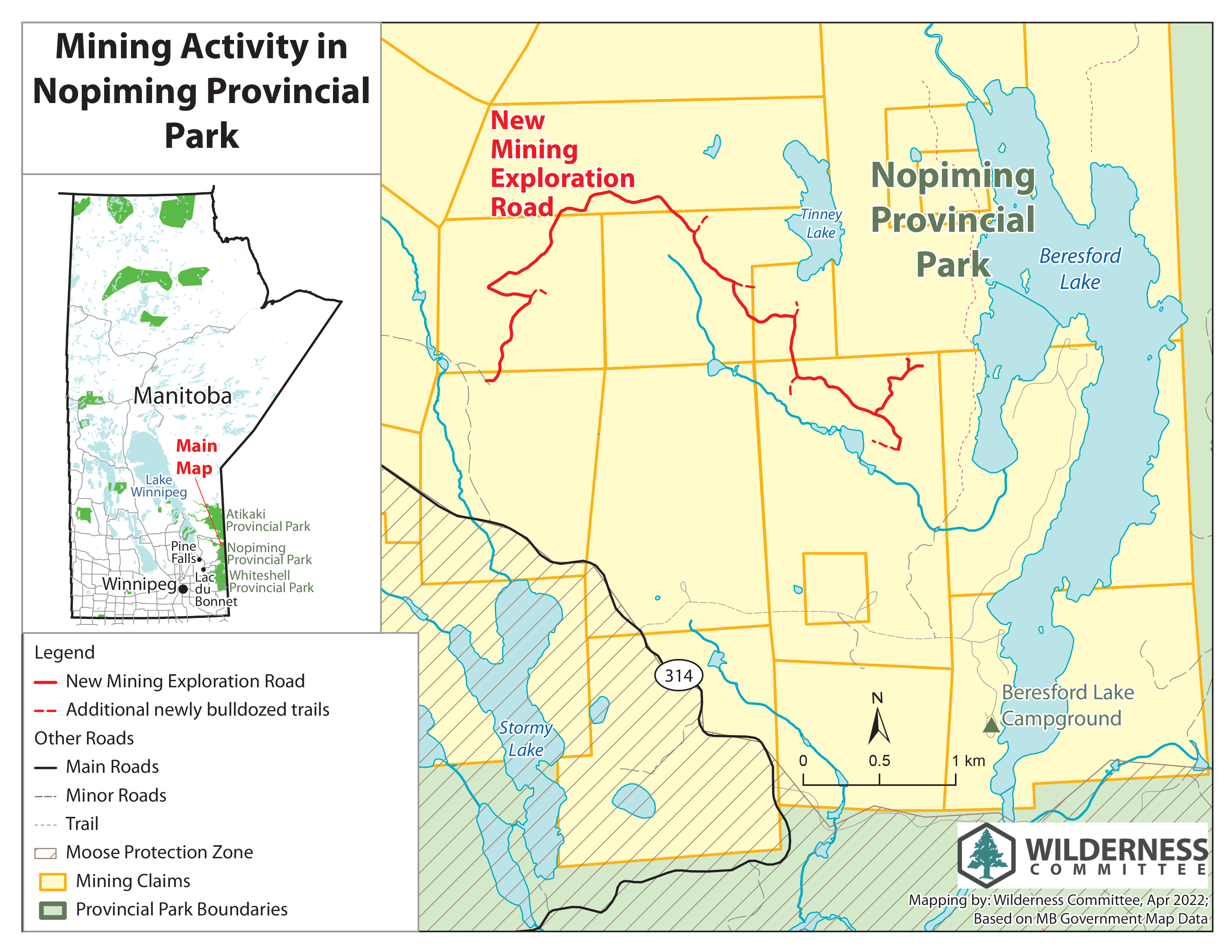 a map showing a long mining road in Nopiming Provincial Park, west of Beresford Lake