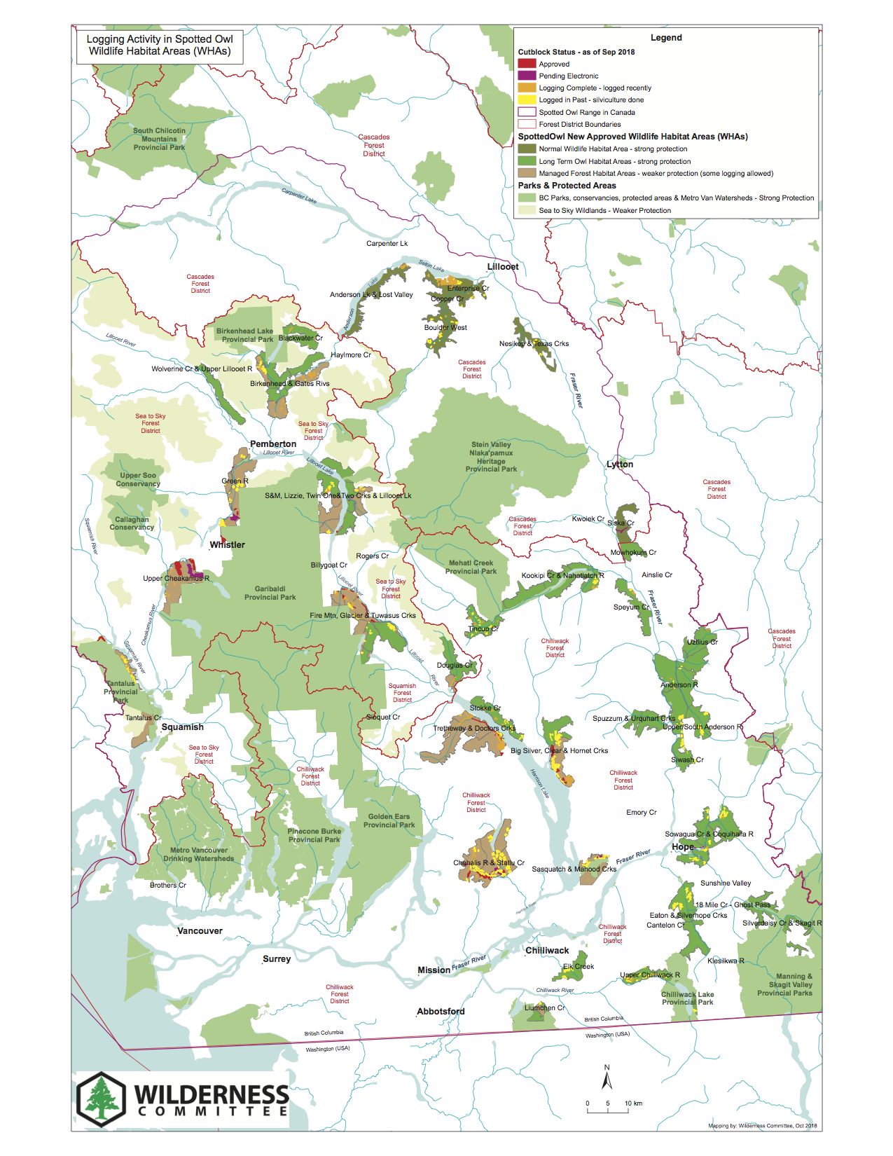 Map of logging in spotted owl habitat. B.C. has approved clear-cut logging in areas it set aside for spotted owl recovery at the same time as committing nearly $1.5 million to the experimental captive breeding program since 2014. Map: Wilderness Committee