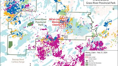 A map showing mining claims interfering with caribou habitat. End of image description.