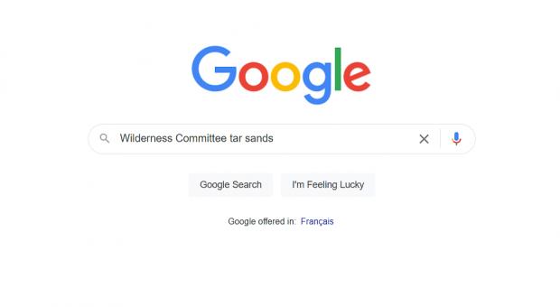 Screenshot of a Google search using the phrase "Wilderness Committee tar sands"