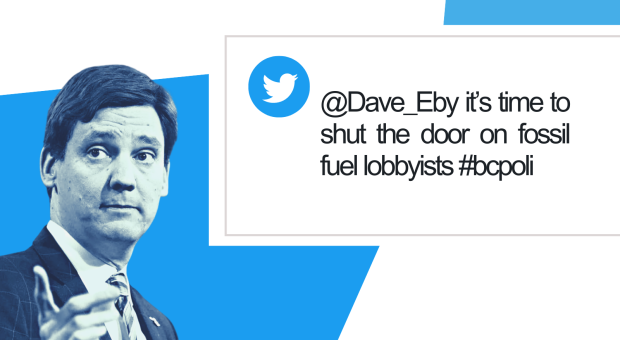 Picture of David Eby with a tweet next to his face. 
