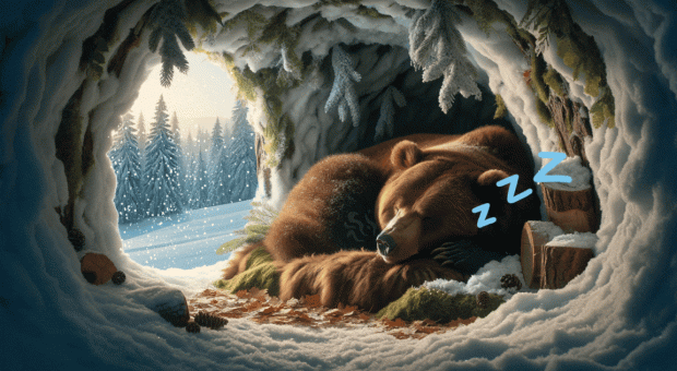 A drawing of a bear hibernating in its den in winter