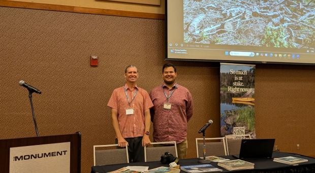 Wilderness and Water campaigner Eric Reder and Merick Young, Wuskwi Sipihk First Nation, speak at the World Wilderness Congress