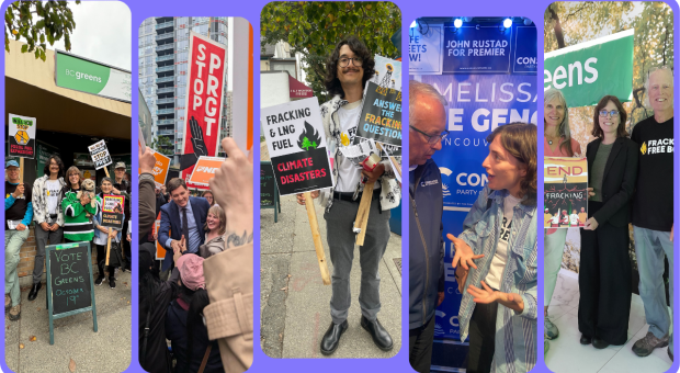 a collage of activists with banners protesting fracking. end of image description.